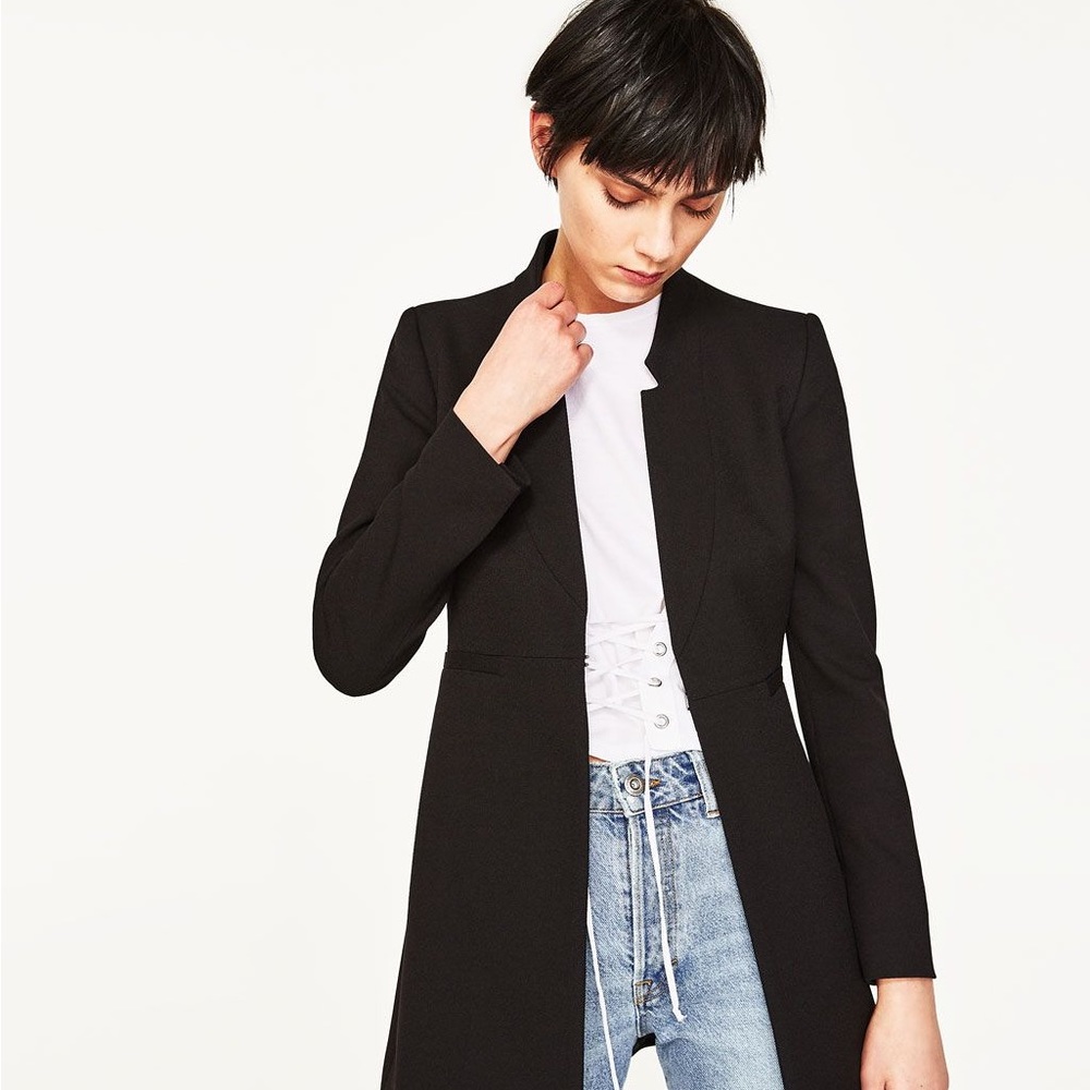 Zara Black Long Open-Front Blazer Jacket